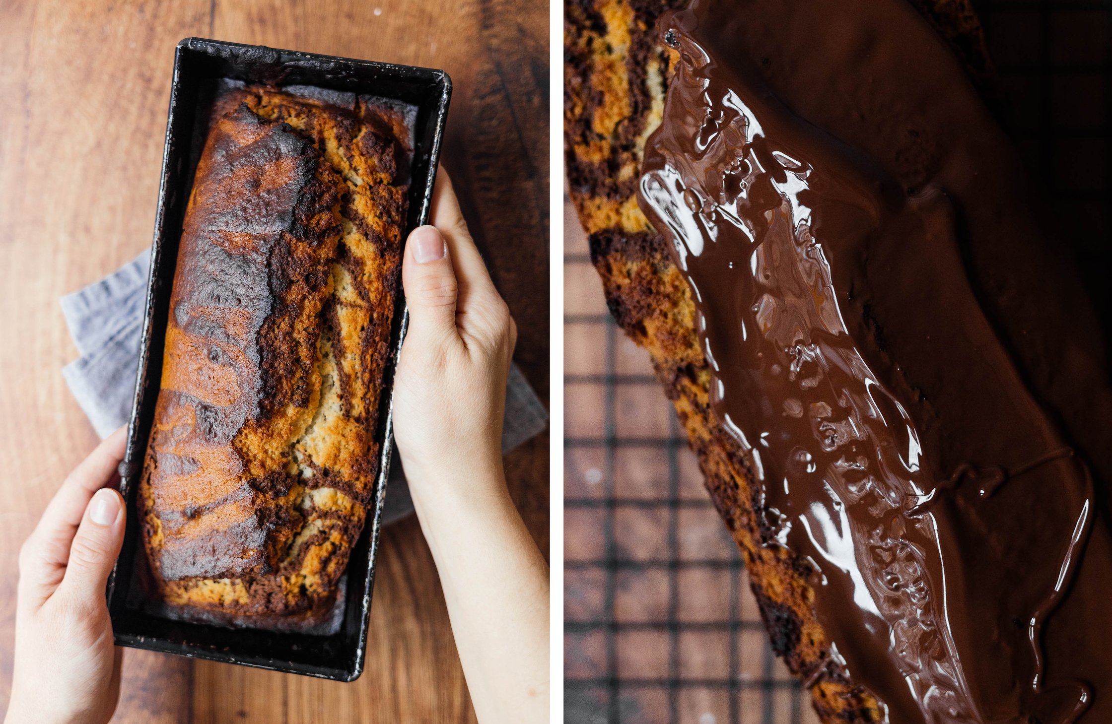 baked vegan marble cake; chocolate glaze