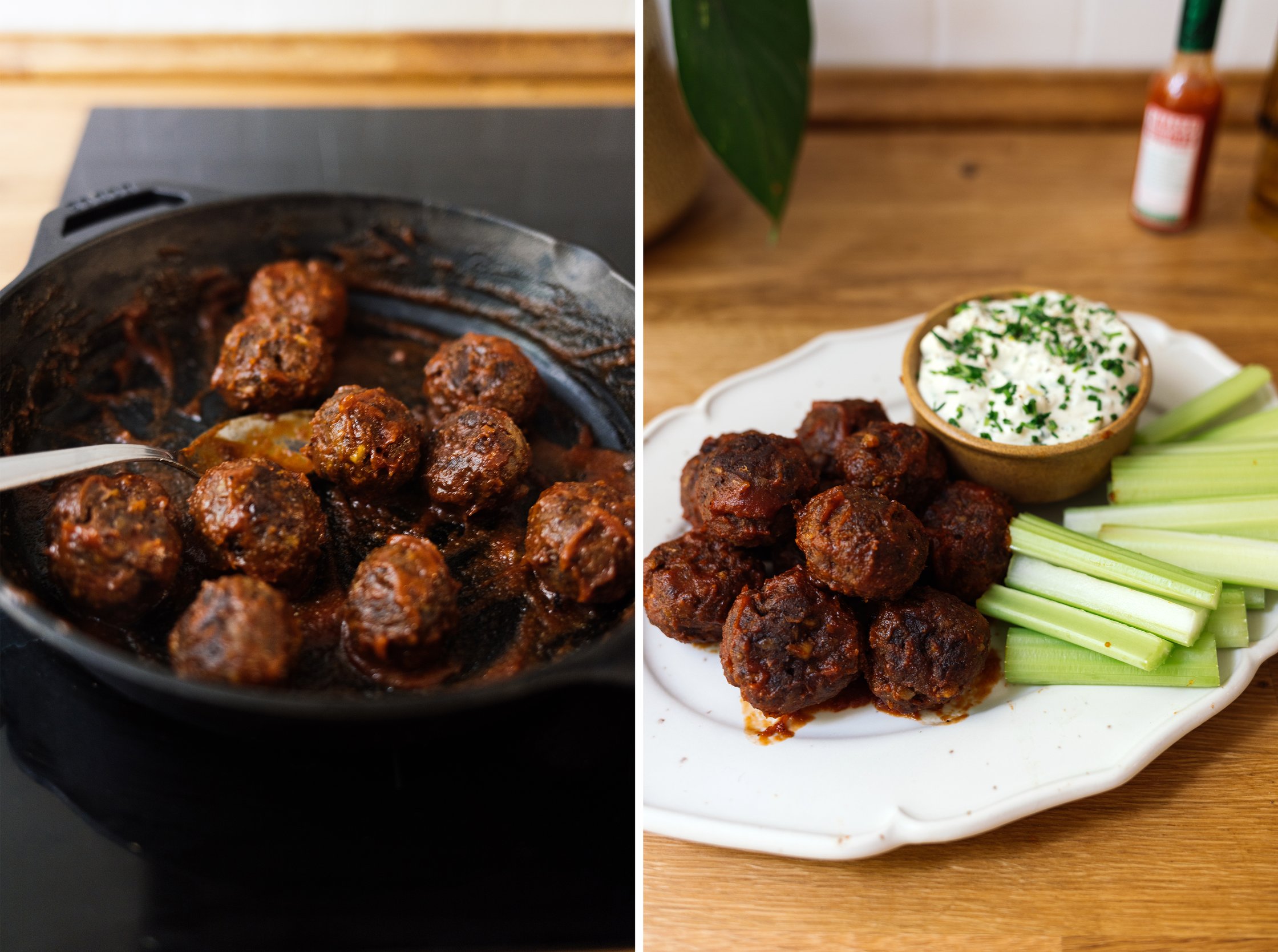 vegane buffalo meatballs in der pfanne zubereiten