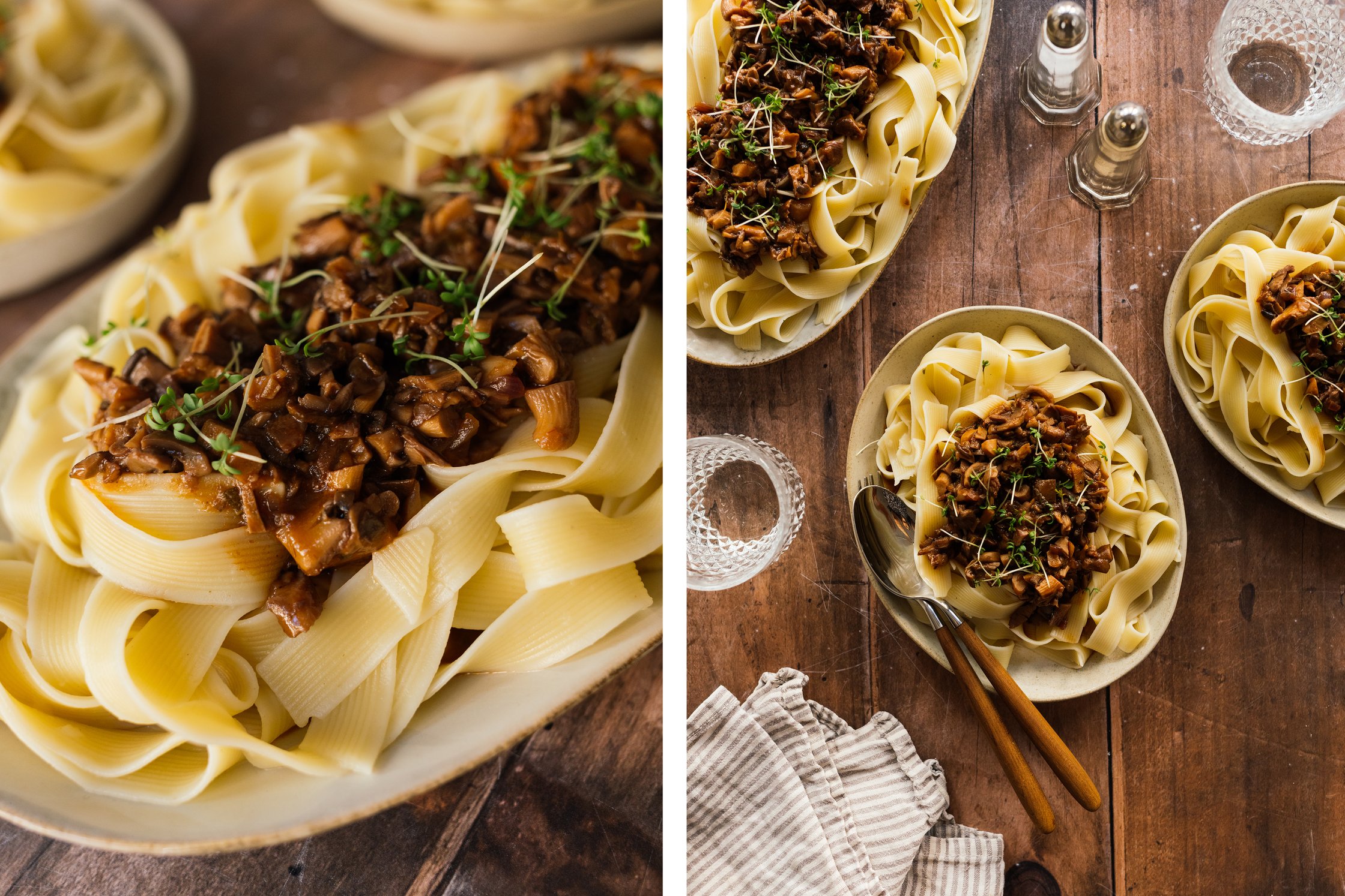 Veganer Pilzragout serviert auf einer Platte