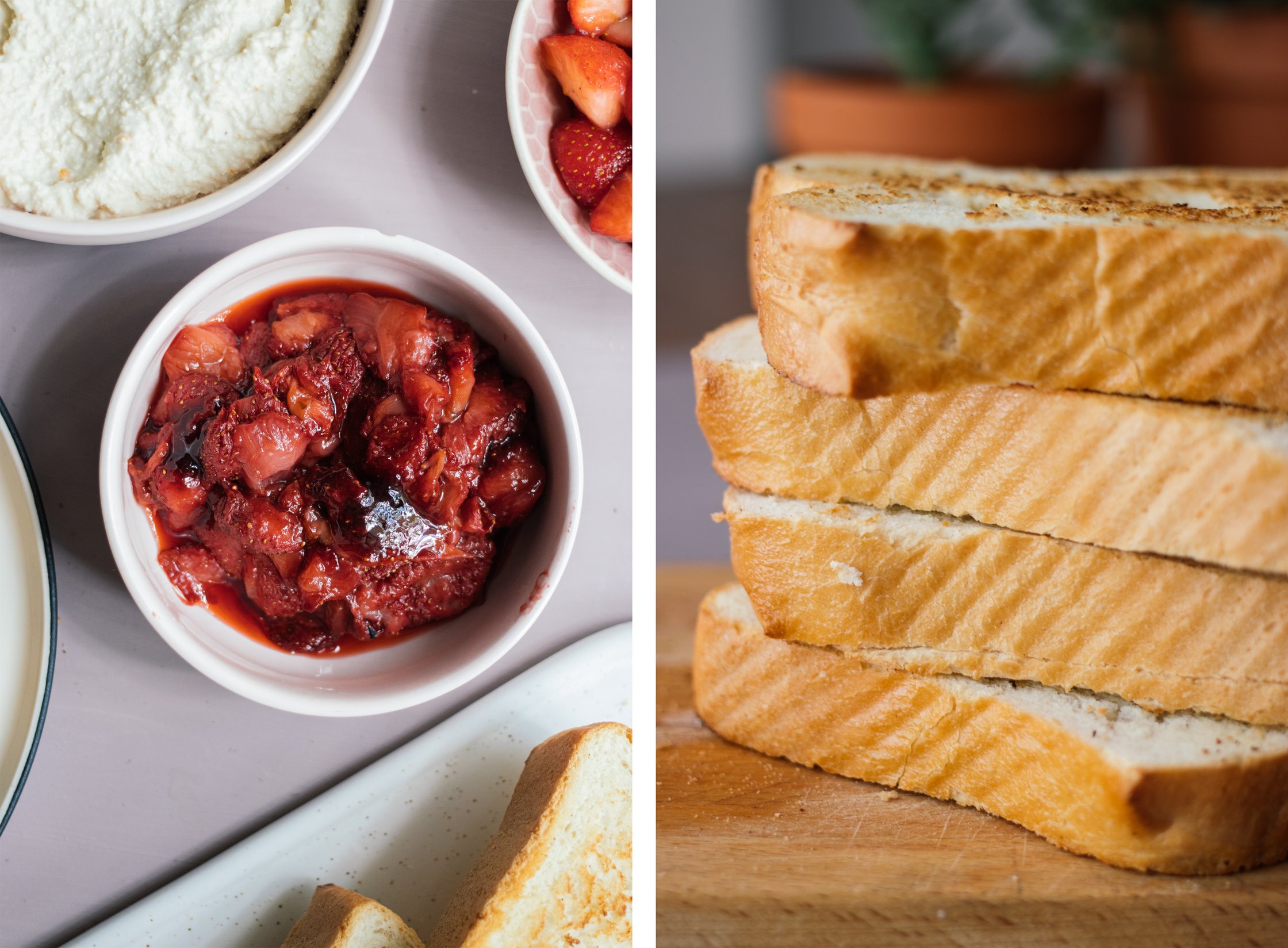 gebackene erdbeeren und getoasteted weißbrot für Frühstückstoasts mit veganem Ricotta und gebackenen Erdbeeren