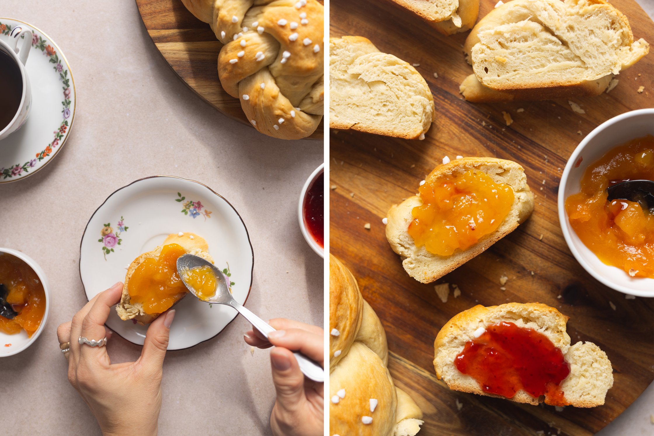 Eine Hand hält eine Scheibe Hefezopfbrot mit Erdbeermarmelade.