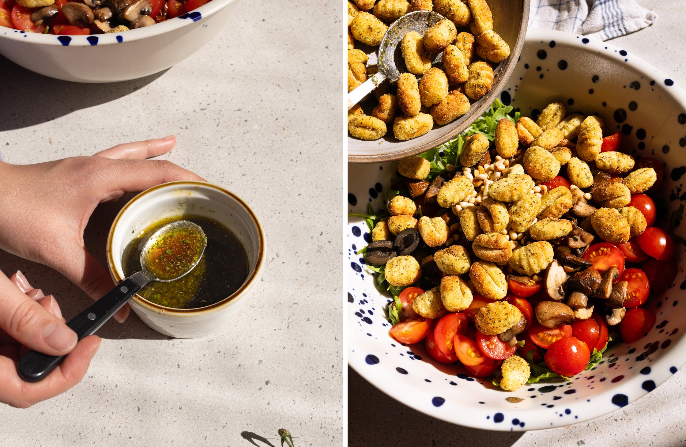 Ein zweigeteiltes Bild: Links wird die Salatsoße angerührt und rechts werden die Gnocchis aus dem Airfryer in den Salat gegeb