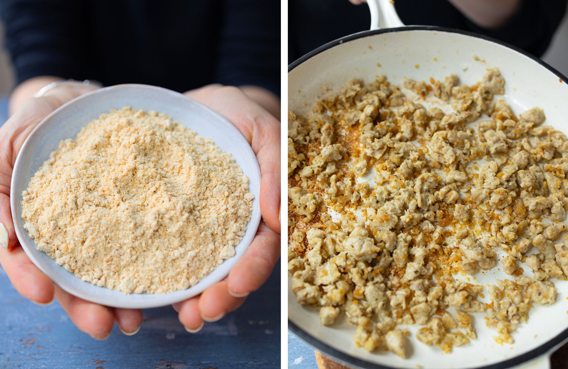 Left: Vegan minced meat powder
Right: Vegan minced meat to prepare from powder, fried