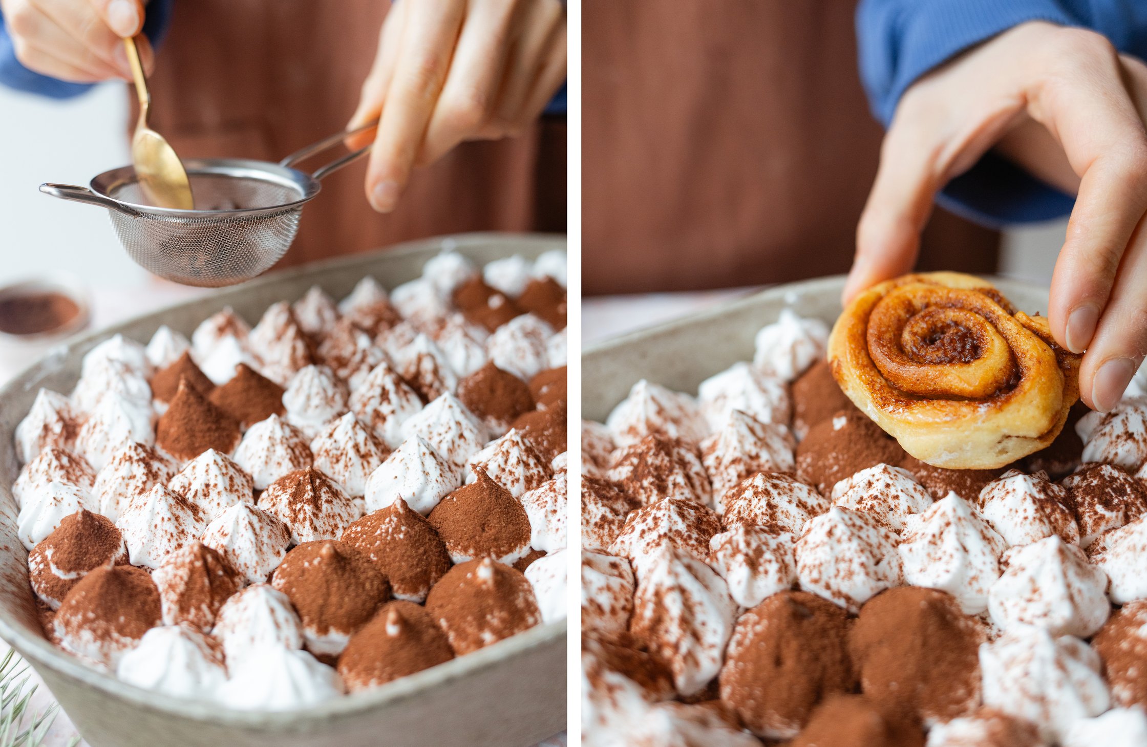 decorating the tiramisu with cocoa powder and cinnamon buns