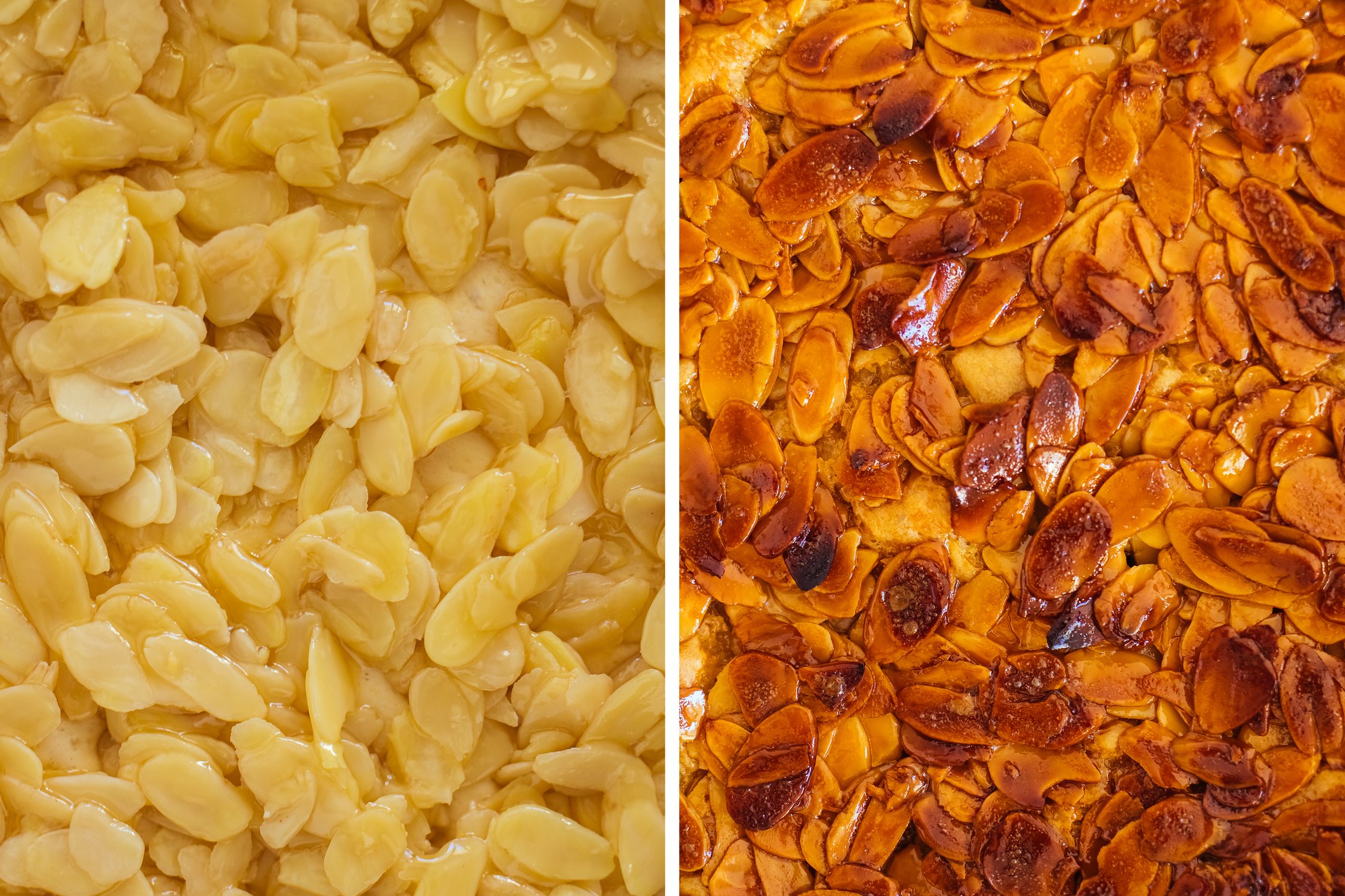 Bienenstich vor und nach dem Backen