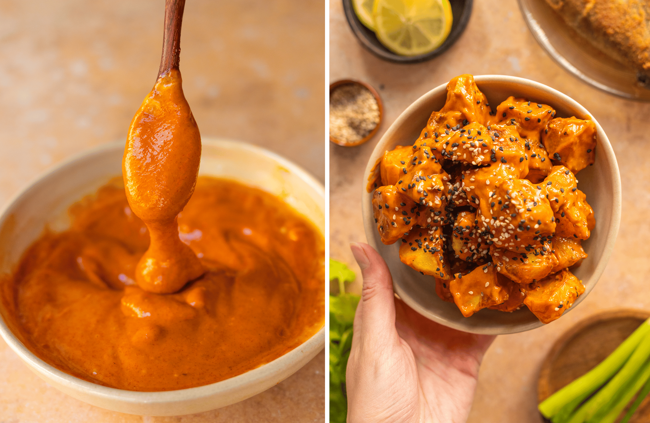 a spoon goes into the Gochujang mayo for the potato salad.