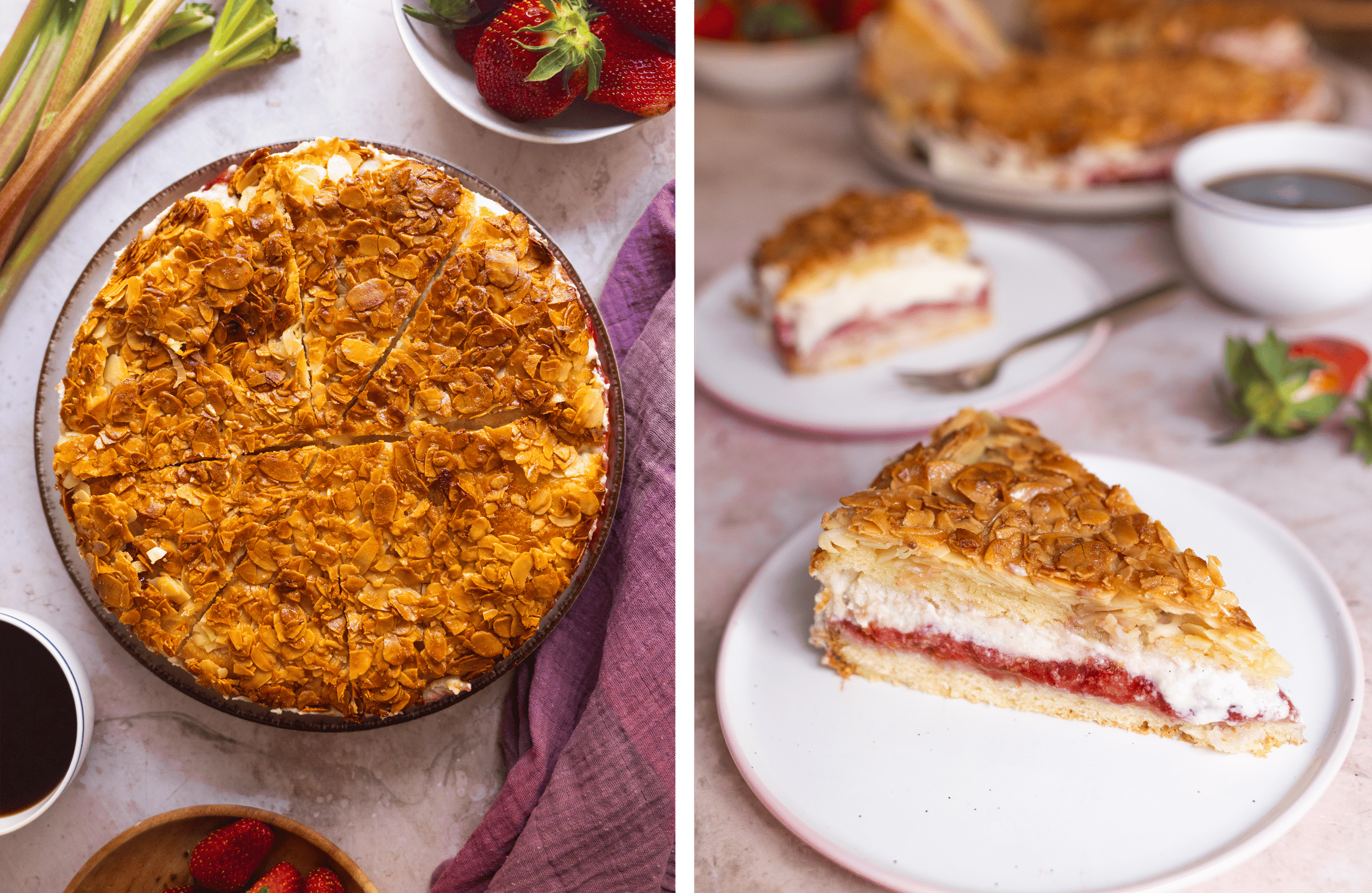 Whole, uncut Bee Sting cheesecake with strawberries and rhubarb, and a slice of Bee Sting cheesecake on a plate.