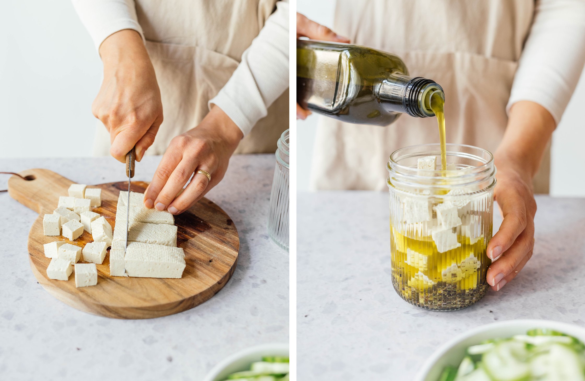 cutting tofu into cubes and marinating the tofu with olive oil and spices in a jar
