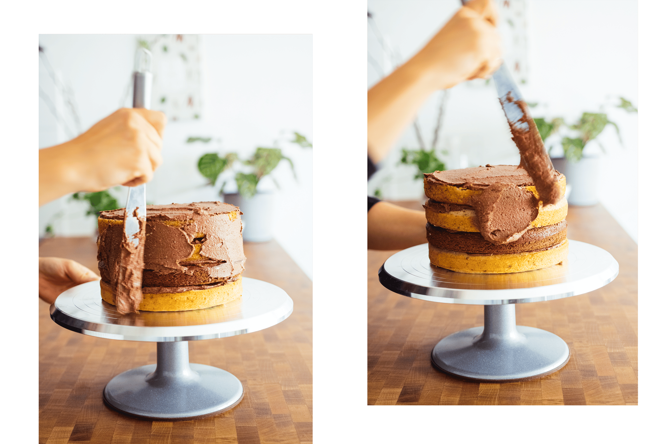vegane Torte wird mit Schokocreme bestrichen