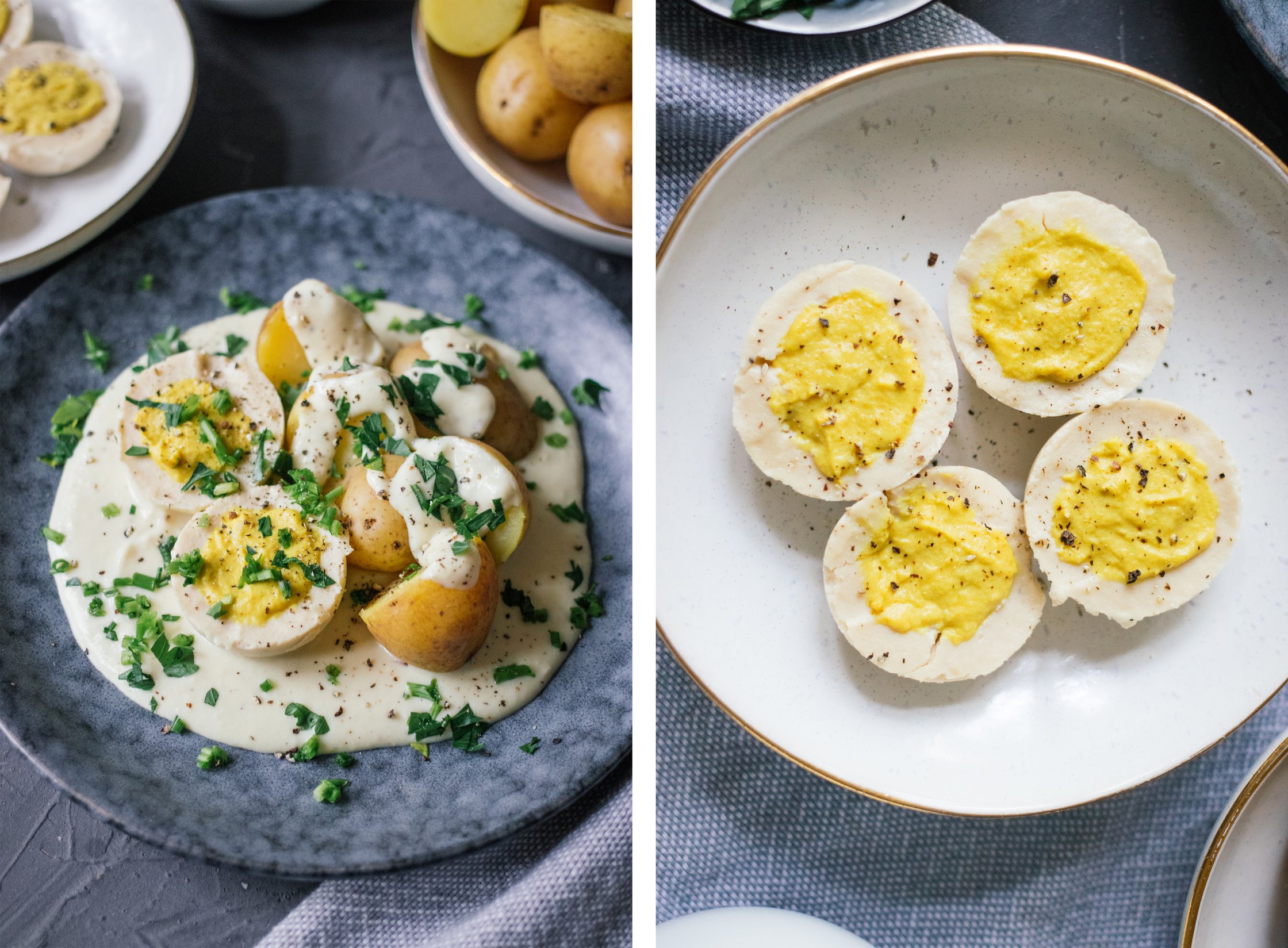 closeup of vegan boiled eggs