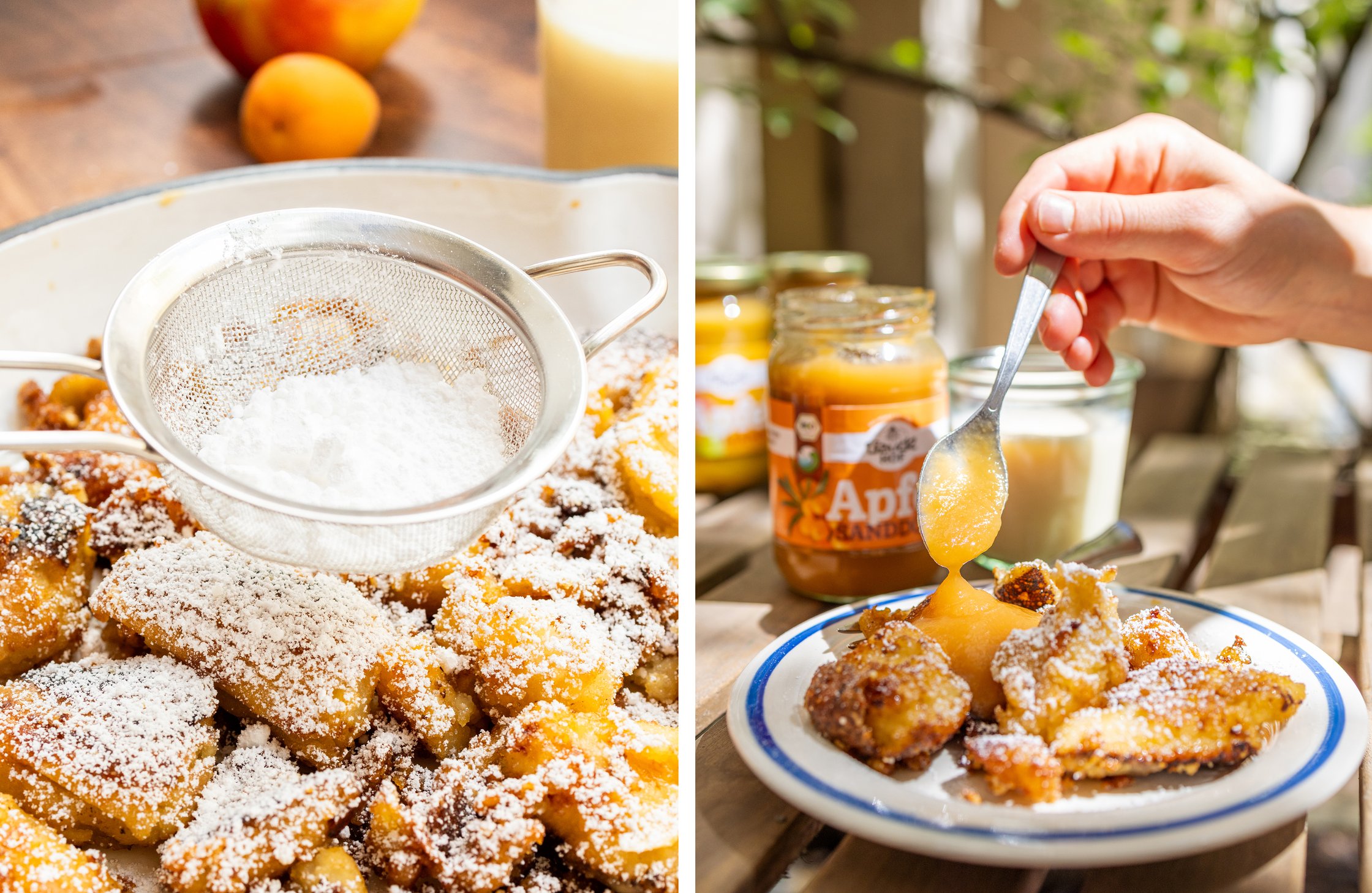 Now sprinkle the Kaiserschmarrn with powdered sugar and serve with fruit purée.