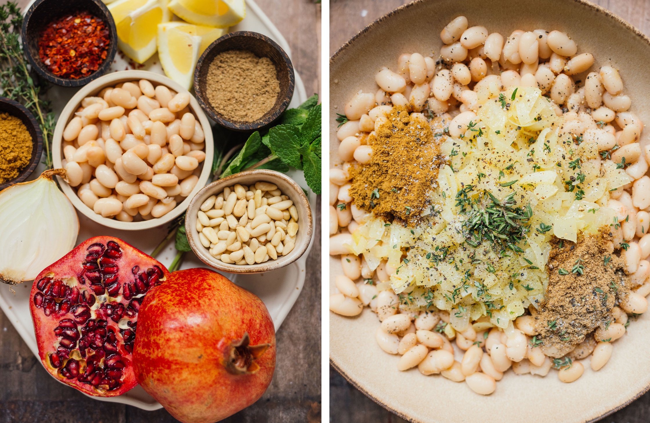 all ingredients for the recipe on a plate; ingredients for the bean puree in a bowl ready to puree