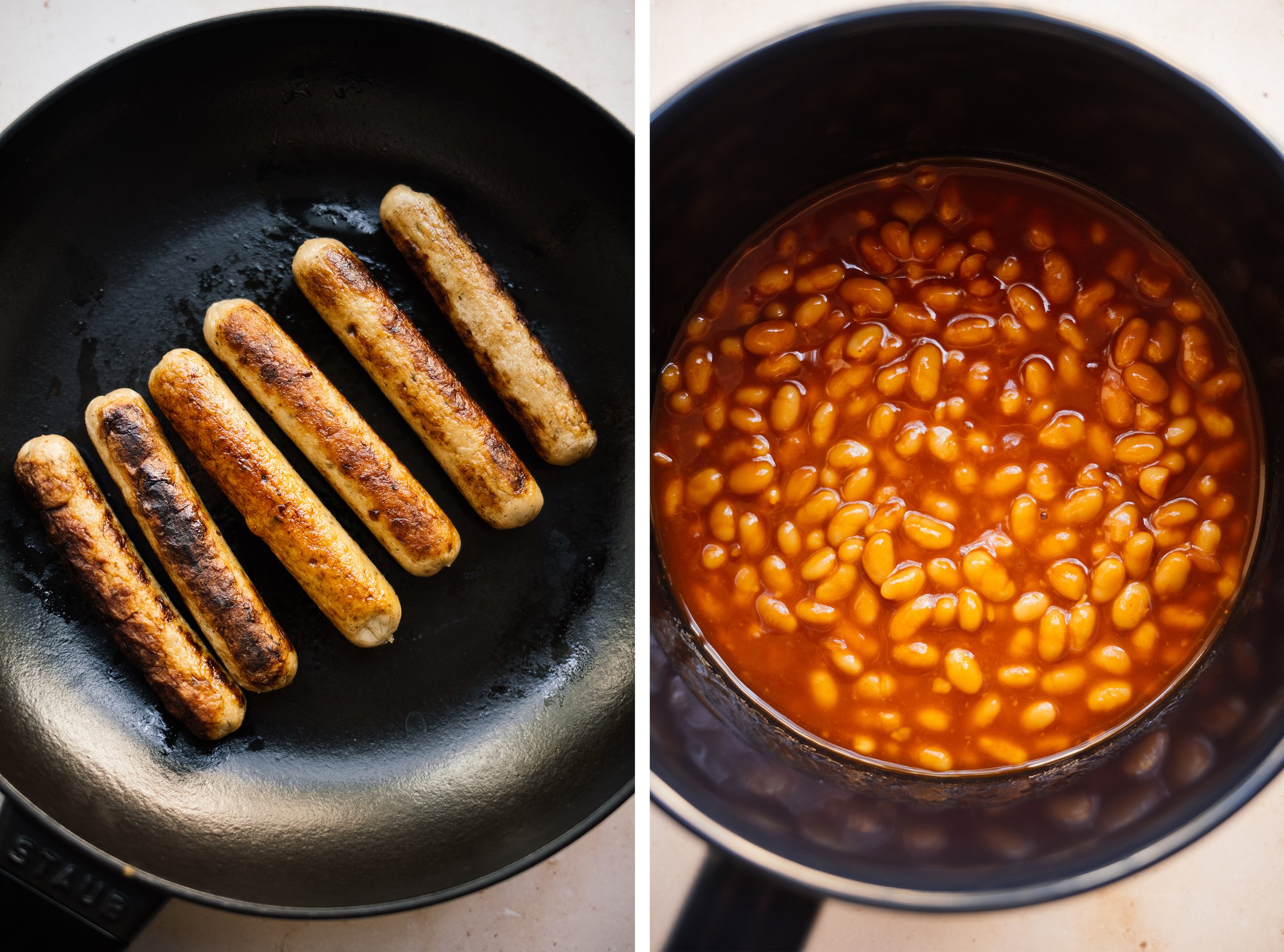 frying vegan sausages and heating up baked beans in a pot