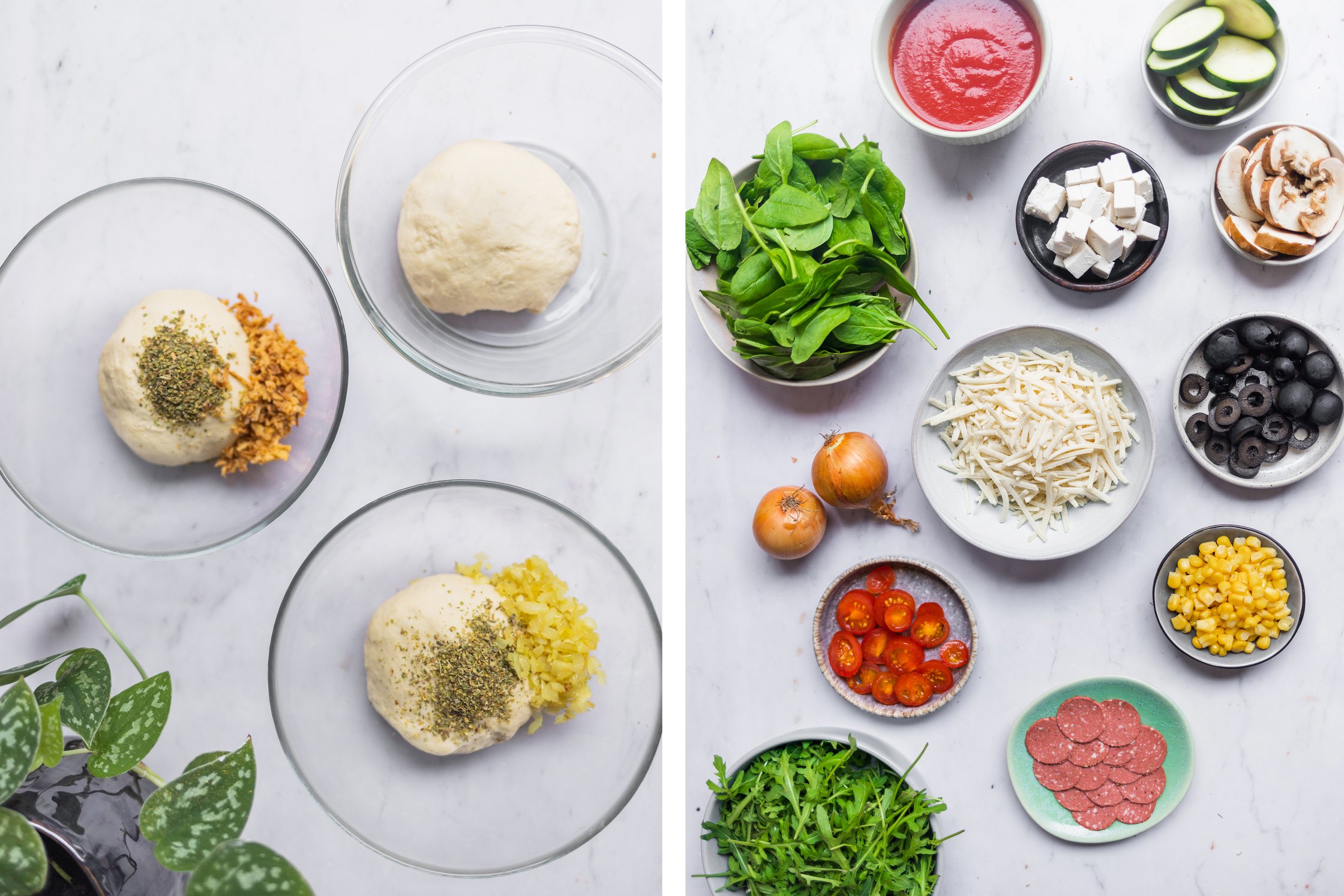 Zutaten und Teig für vegane Pizzabagel vor einem hellen Hintergrund.
