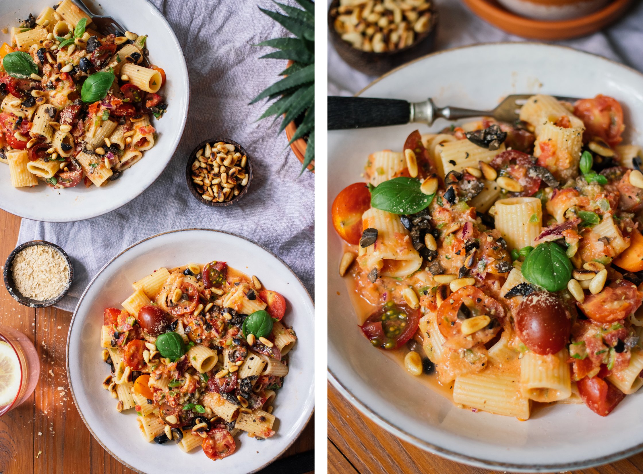 two plates of vegan Gazpacho Pasta on the table