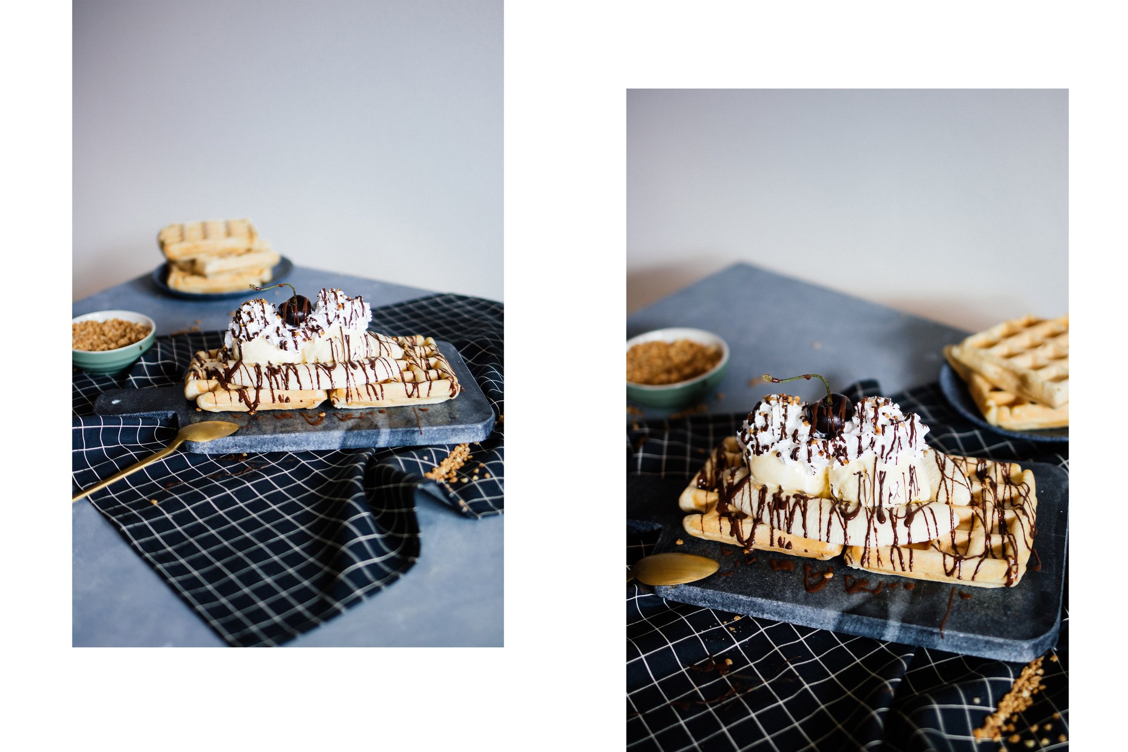 vegan banana split on fresh waffles