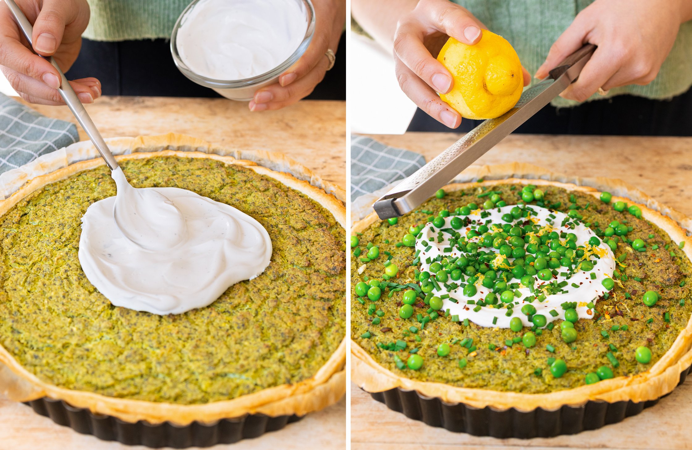 Die gebackene Quiche, wie sie garniert wird.