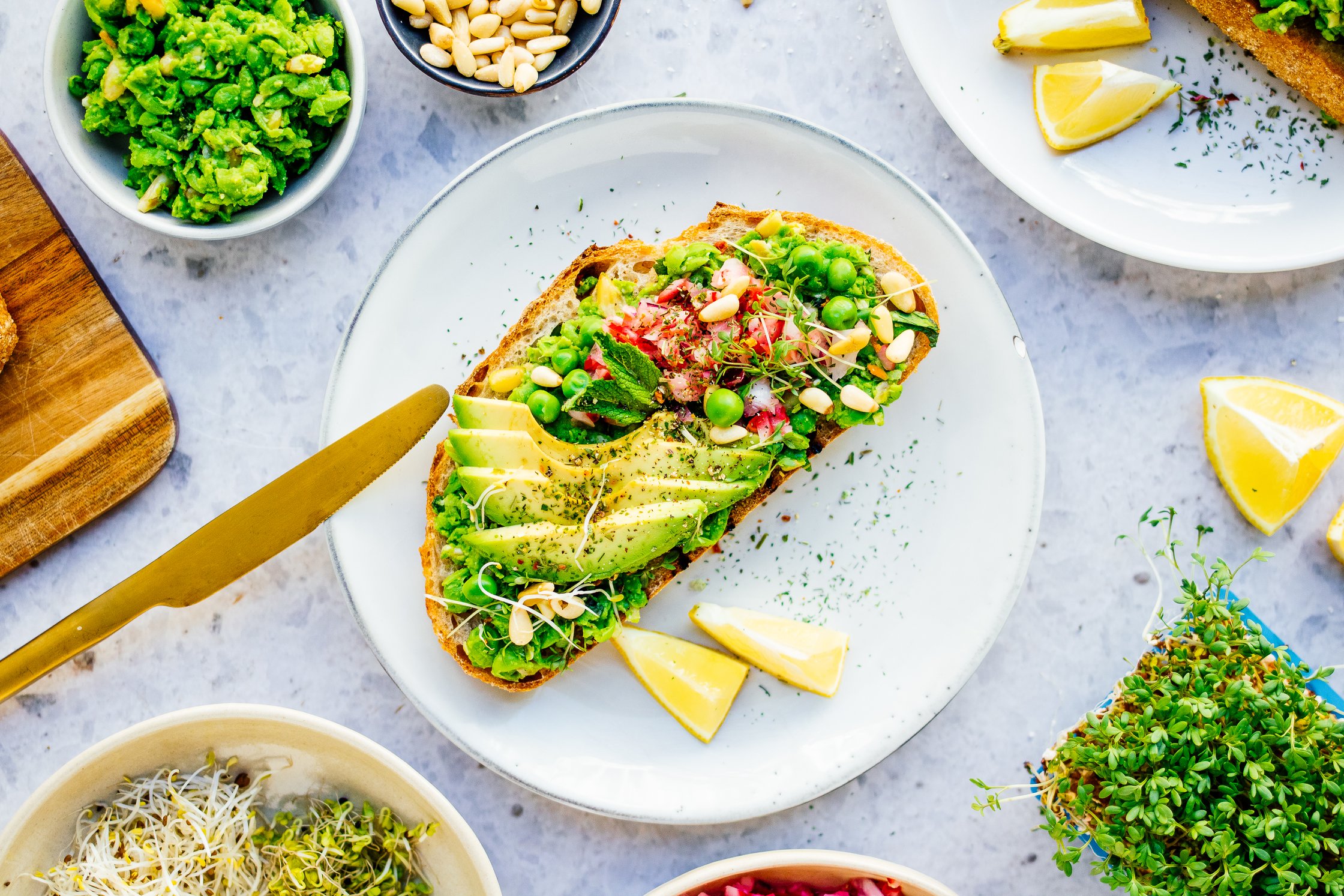 sandwich with mashed peas and radish salsa