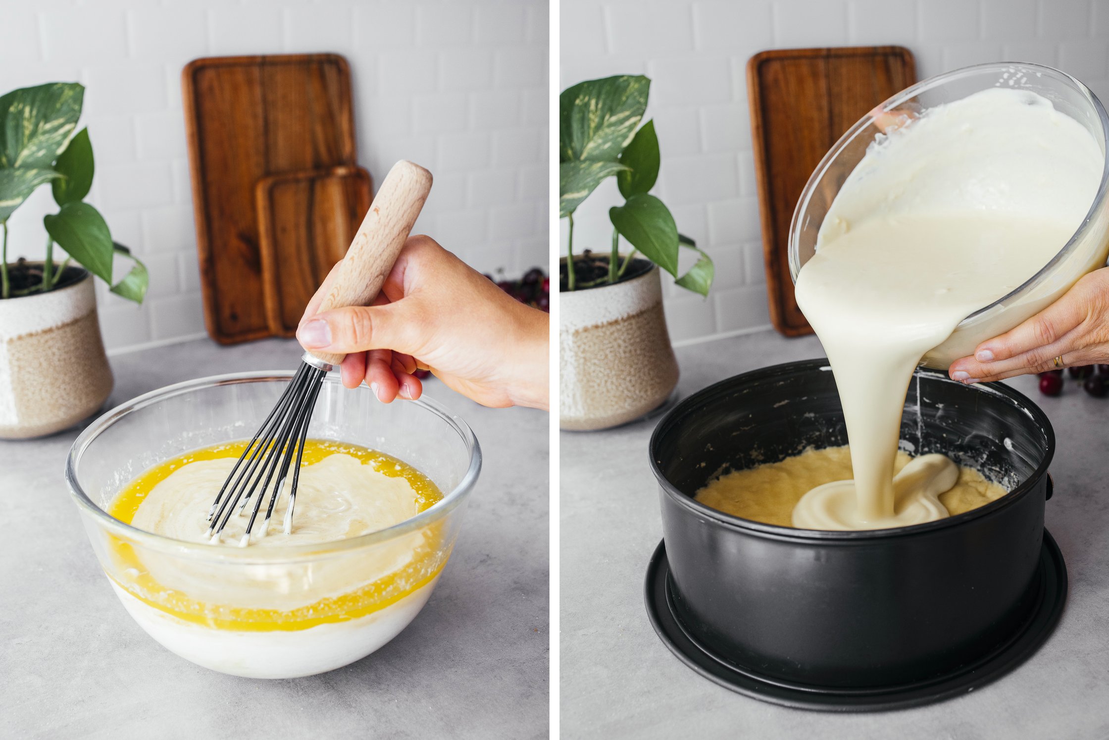 Käsekuchenmasse wird mit Schneebesen vermischt und auf Kuchenboden gegossen