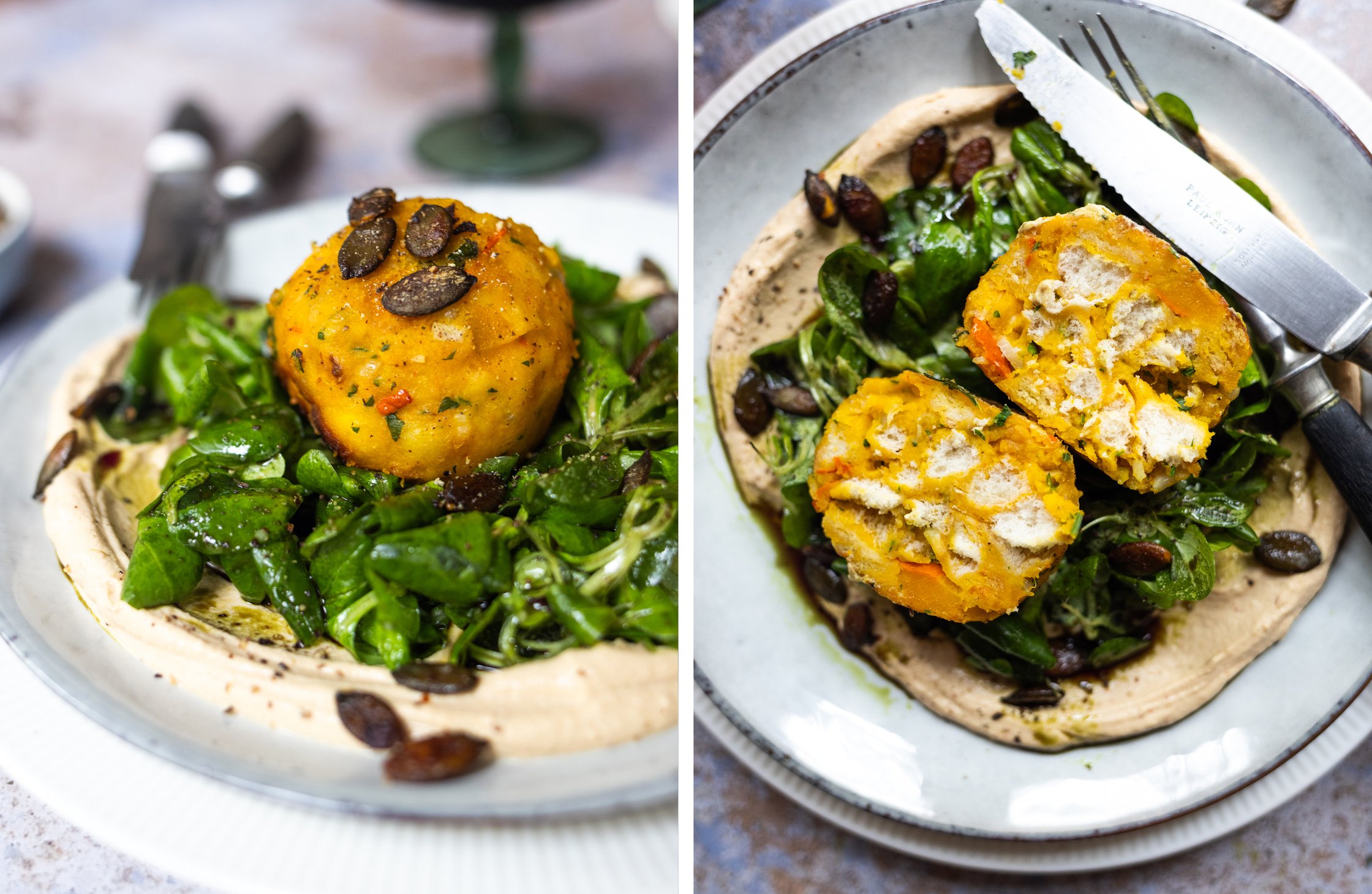 links: kürbisknödel auf Feldsalat Bett und tofu miso creme, kürbiskerne
rechts: aufgeschnittener veganer kürbisknödel