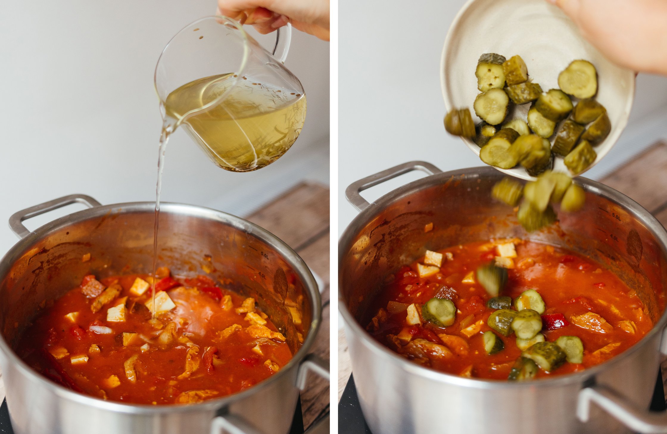 adding pickle juice and pickles to vegan solyanka