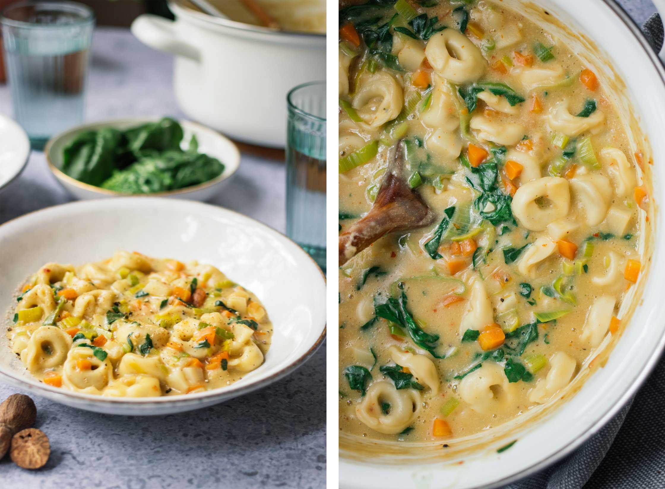 nahaufnahme von veganer tortellini suppe