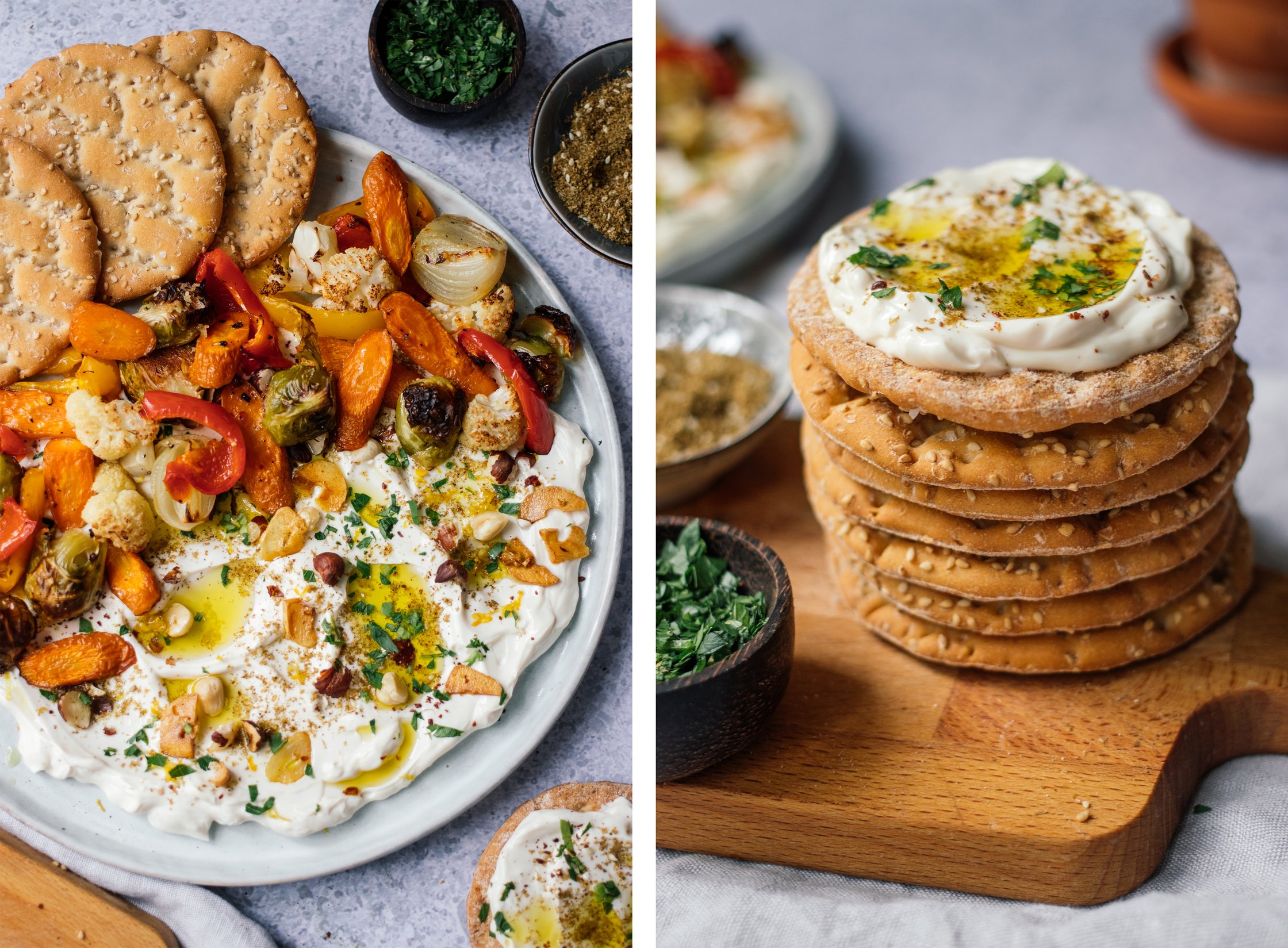 close up of Oven Roasted Vegetables with Vegan Labneh