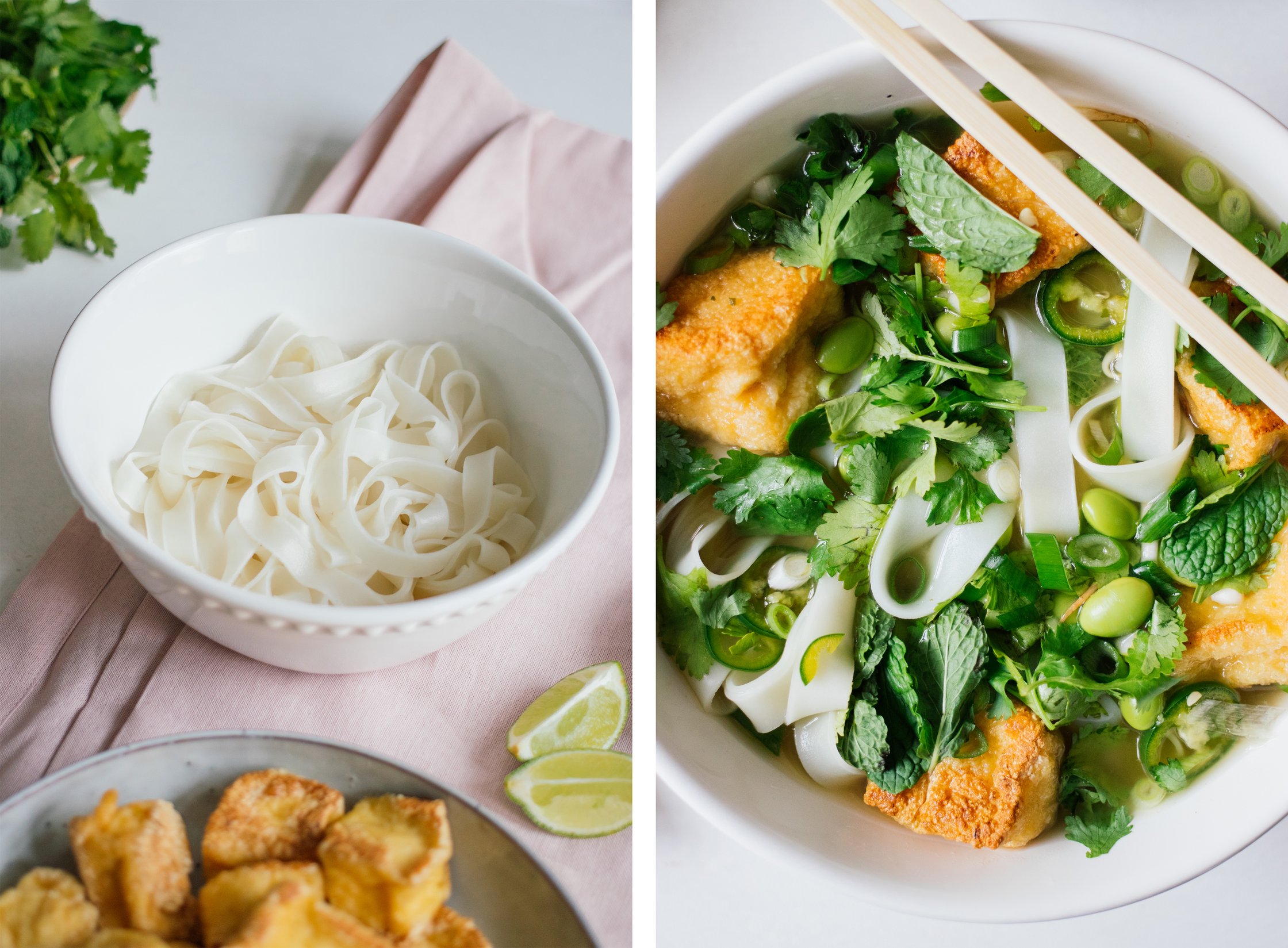 rice noodles for vegan pho in a bowl