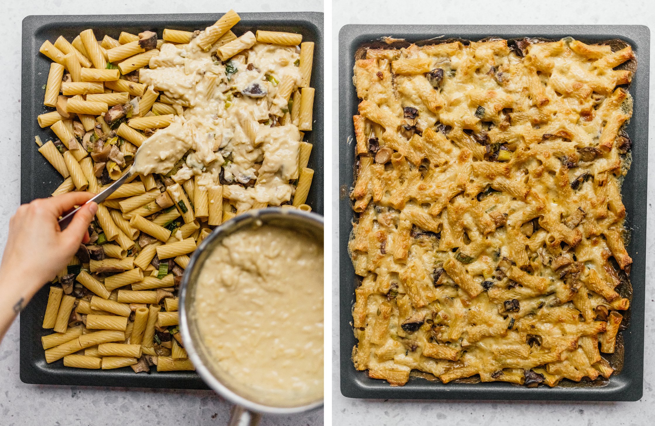 spreading vegan cheese sauce on pasta; ready baked sheetpan pasta