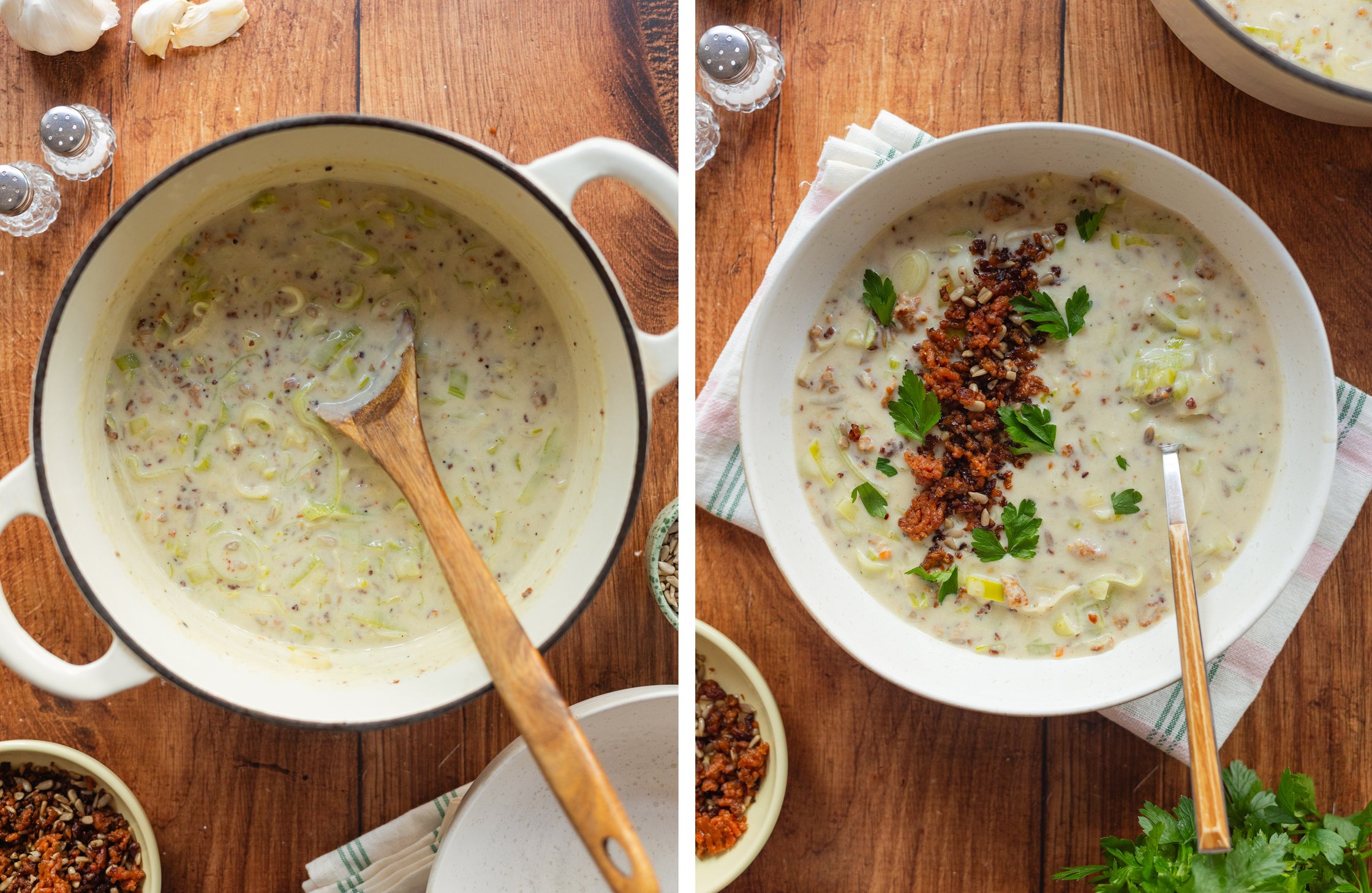 vegane Käse-Lauch-Suppe im Topf und serviert auf einem Teller