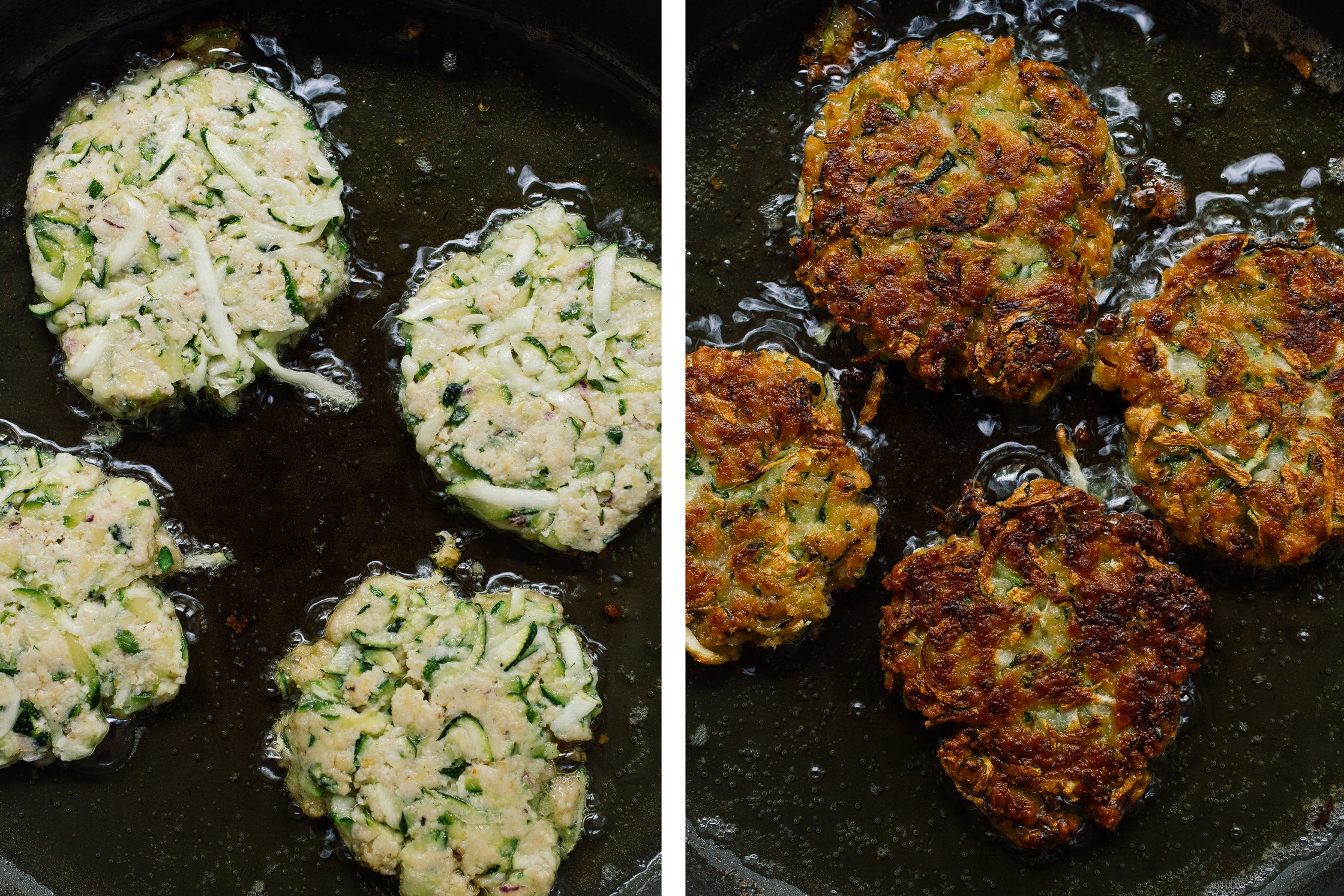 vegane Zucchini-Puffer werden in einer Pfanne braun gebraten