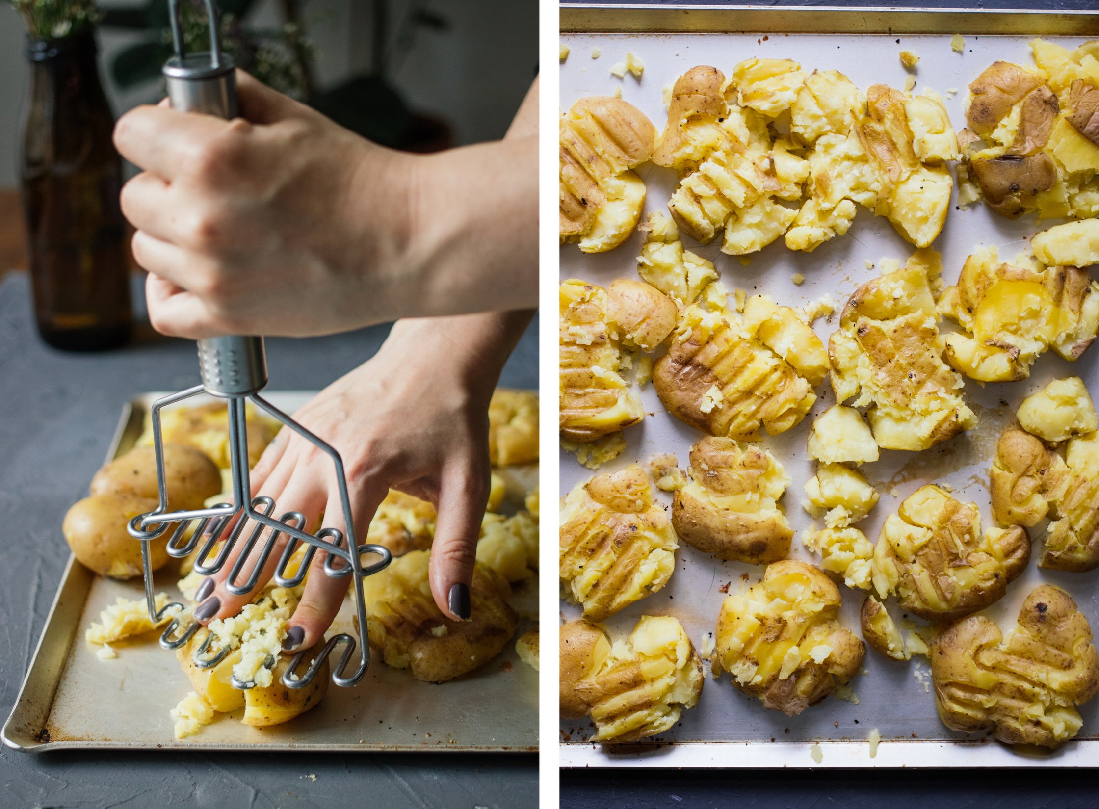 smashing cooked potatoes on a baking sheet