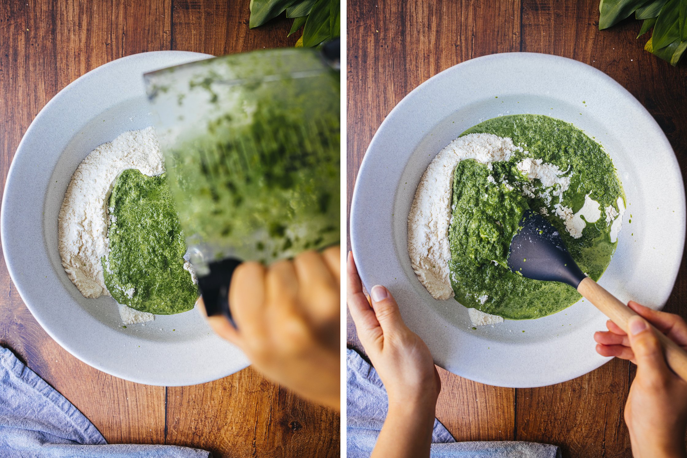 preparing the vegan spaetzle batter with wild garlic
