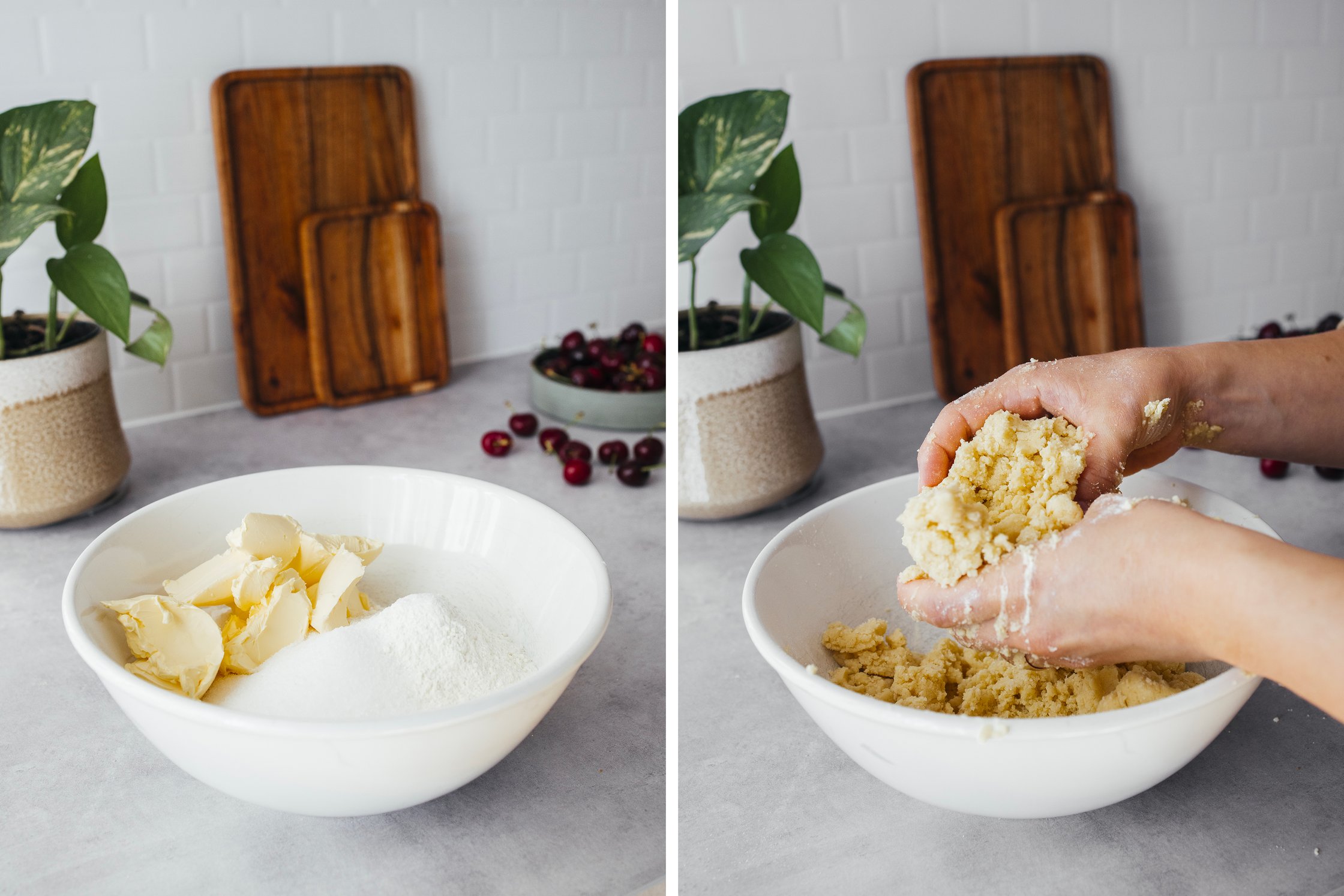 teig für veganen Kirschkuchen in einer Schüssel, wird verknetet