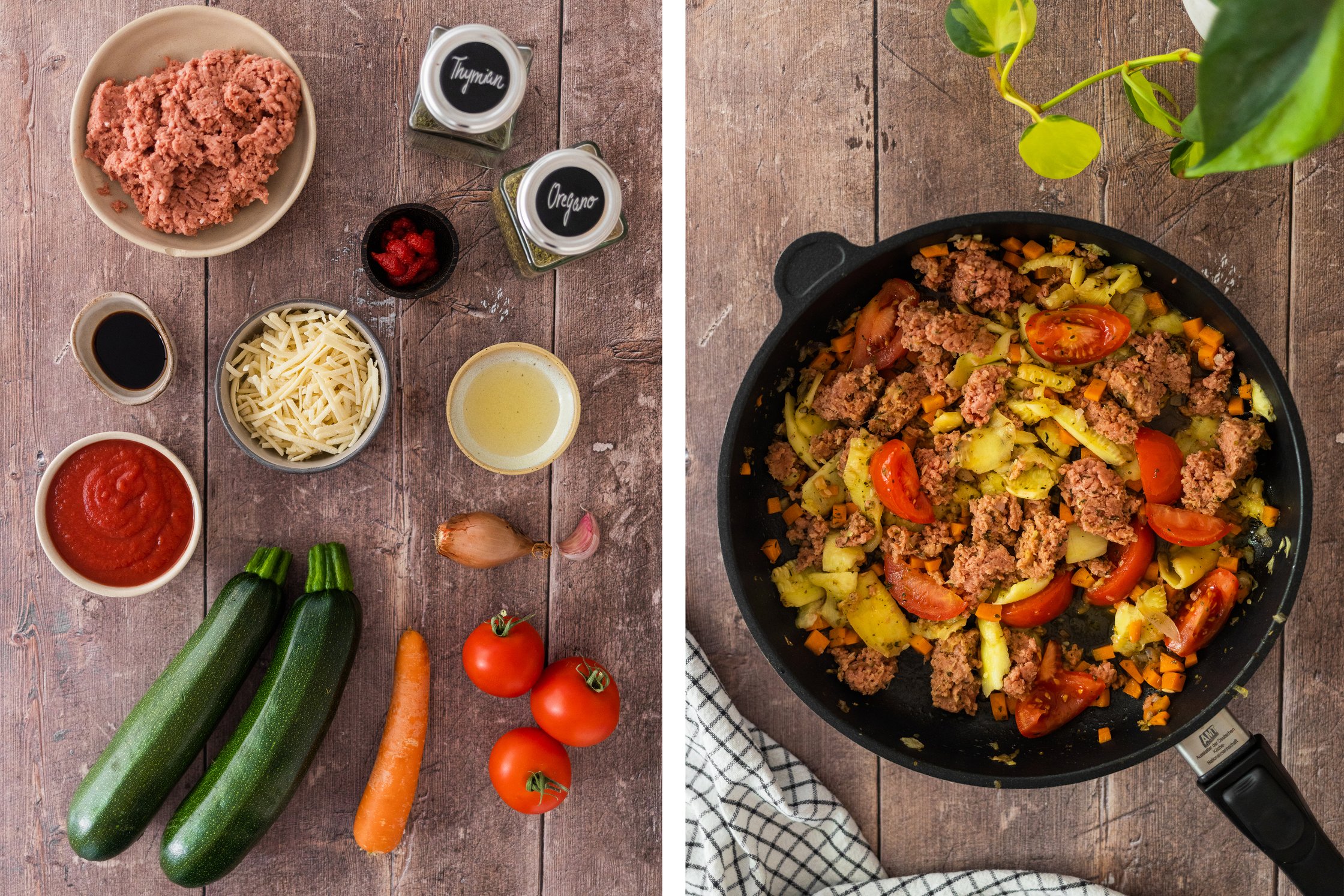 Links: Zutaten für gefüllte Zucchini; Rechts: Veganes Hack und Gemüse werden angebraten.