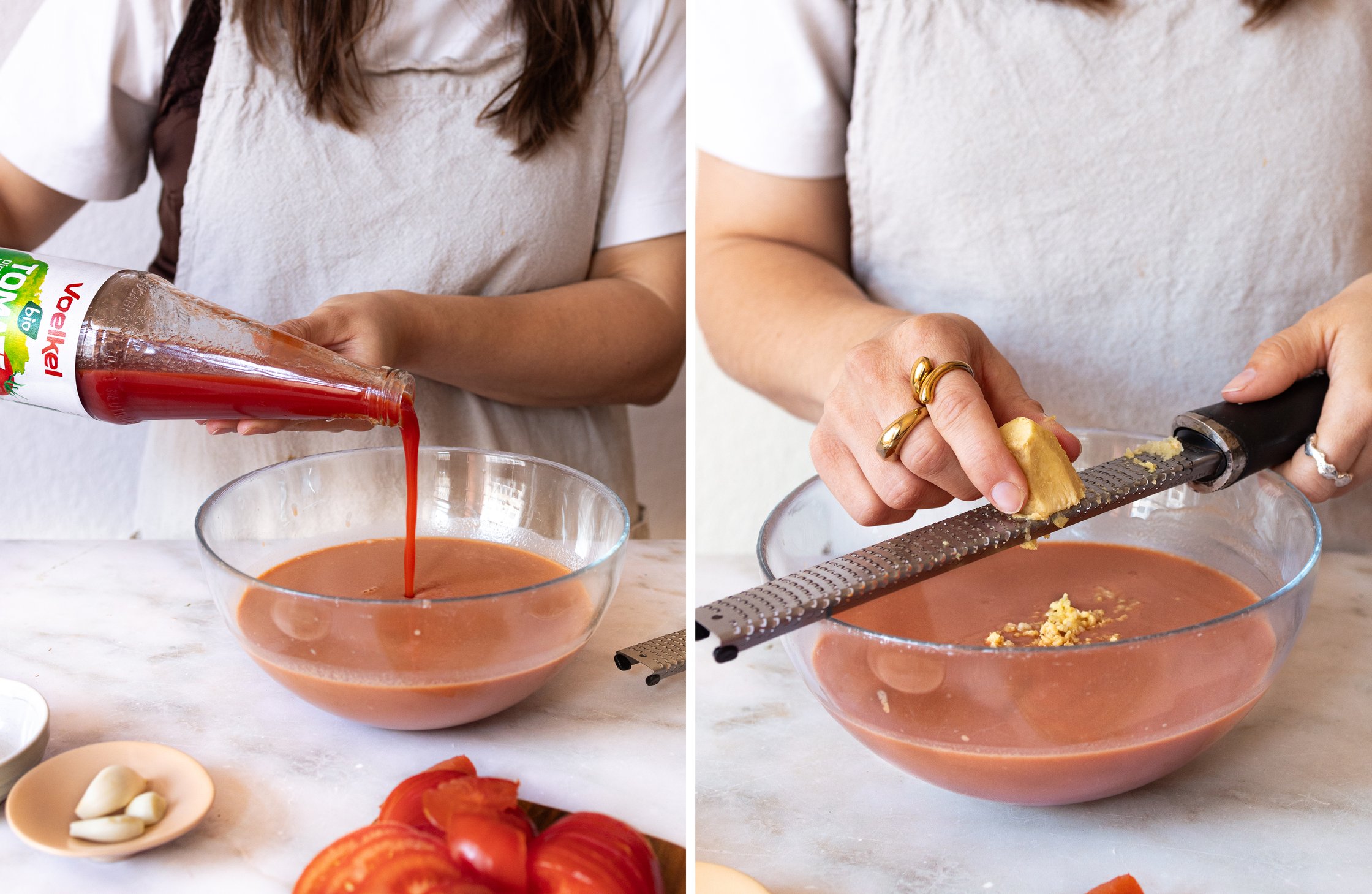 Tomato juice is being poured into a bowl and ginger is being grated.