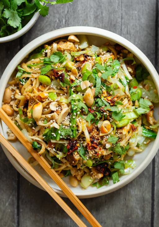 Quick Stir-Fried Noodles with Vegetables, Tofu and Peanut Sauce