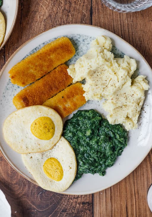 Mashed Potatoes with Creamed Spinach and Vegan Fried Eggs