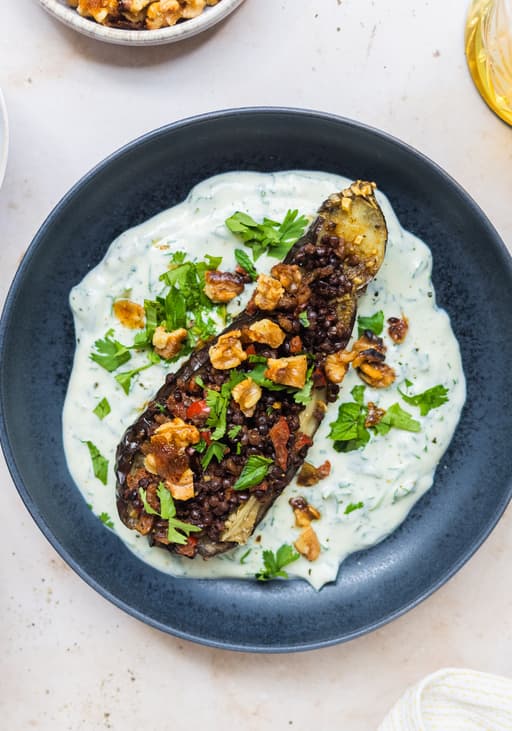 Stuffed Eggplant with Vegan Lentil-Walnut Mince