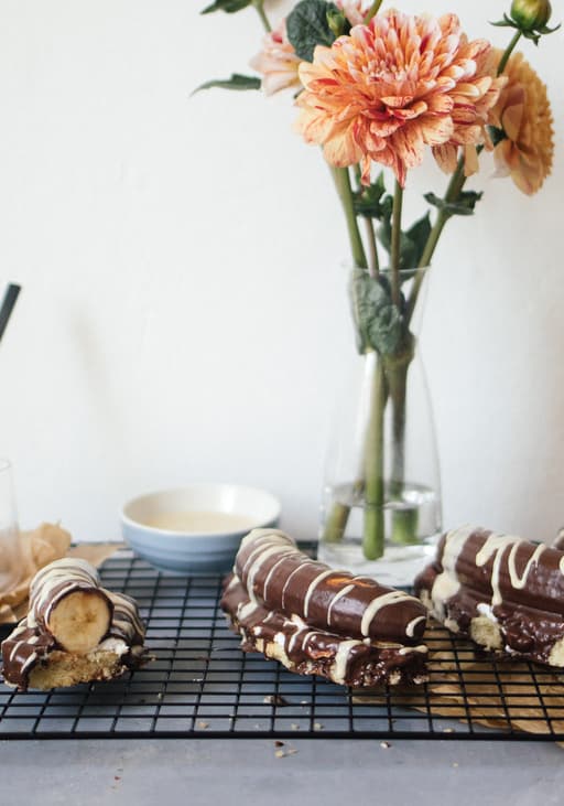 Vegan chocolate covered banana with whipped cream & sponge cake