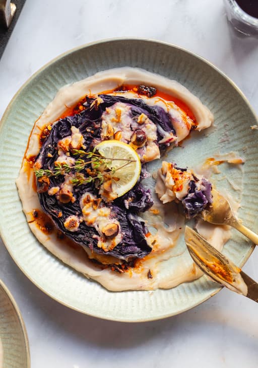 Baked Red Cabbage Steaks with Bean Purée