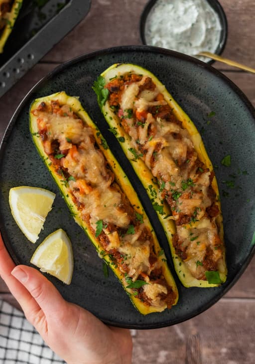 Vegan Minced Meat Stuffed Zucchini Boats