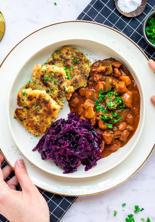 Vegan Goulash with Pan-Fried Bread Dumplings & Red Cabbage