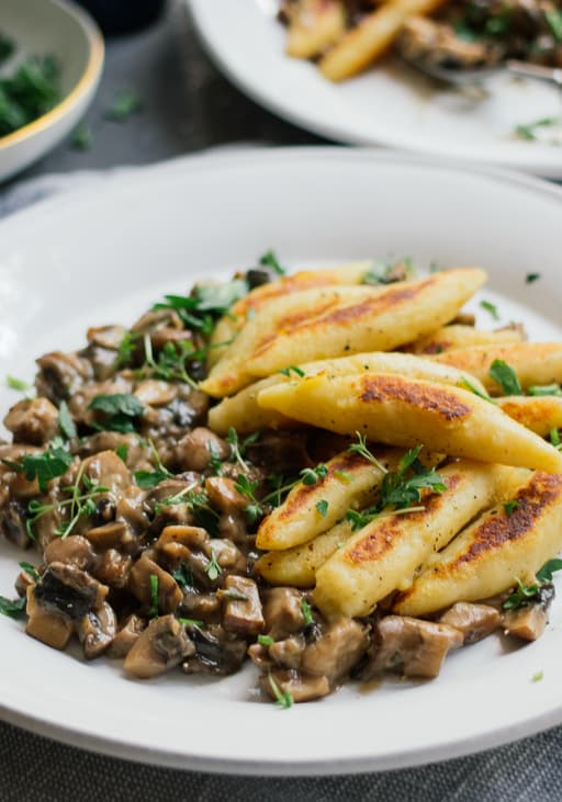 Vegan Potato Dumplings (Schupfnudeln) with Mushroom Sauce
