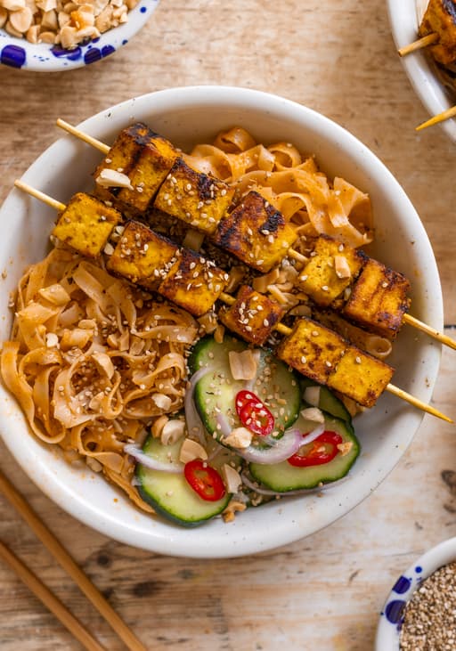 Tofu Satay Skewers with Rice Noodles and Quick Pickles