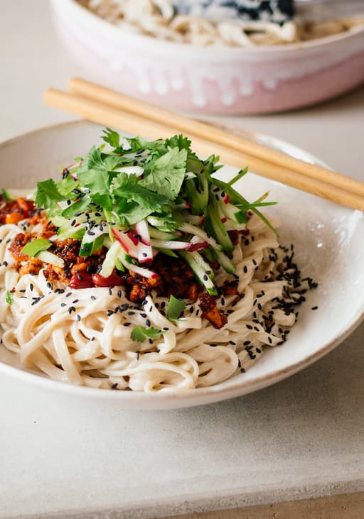 Vegan Sesame Udon Noodles with Spicy Soy Mince