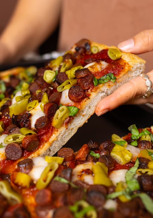 Vegan Sheet Pan Deep Dish Pizza with Salami & Chili Peppers