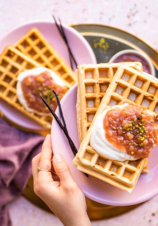 Vegan Vanilla Waffles with Rhubarb Compote