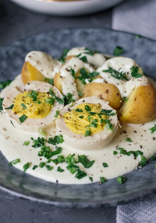 Vegan Boiled Eggs in Creamy Mustard Sauce with Potatoes