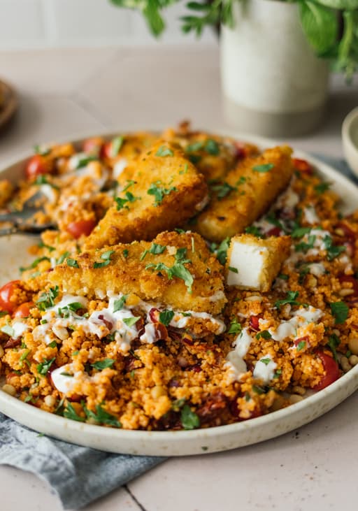 Couscous Salad with Crispy Vegan Feta Wedges